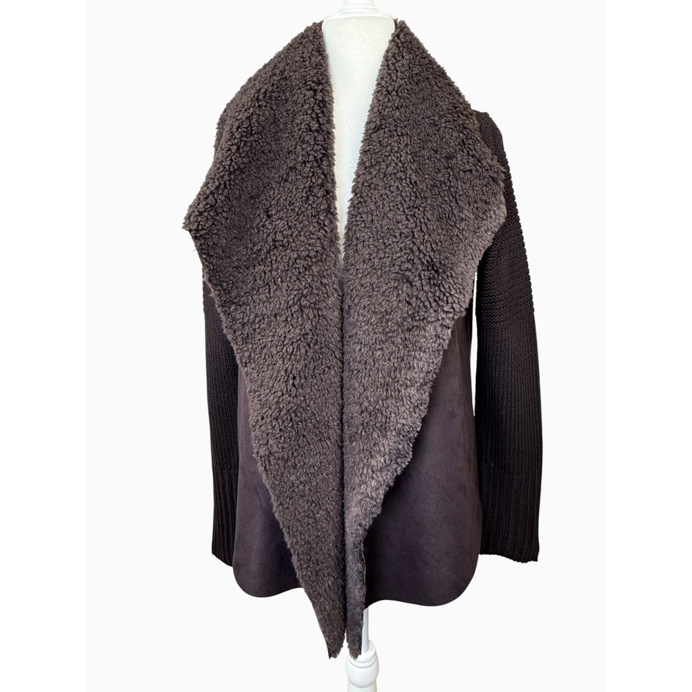 Chelsea & Theodore Women's M Brown Faux Fur Faux Suede Open Front Cardigan NWT
